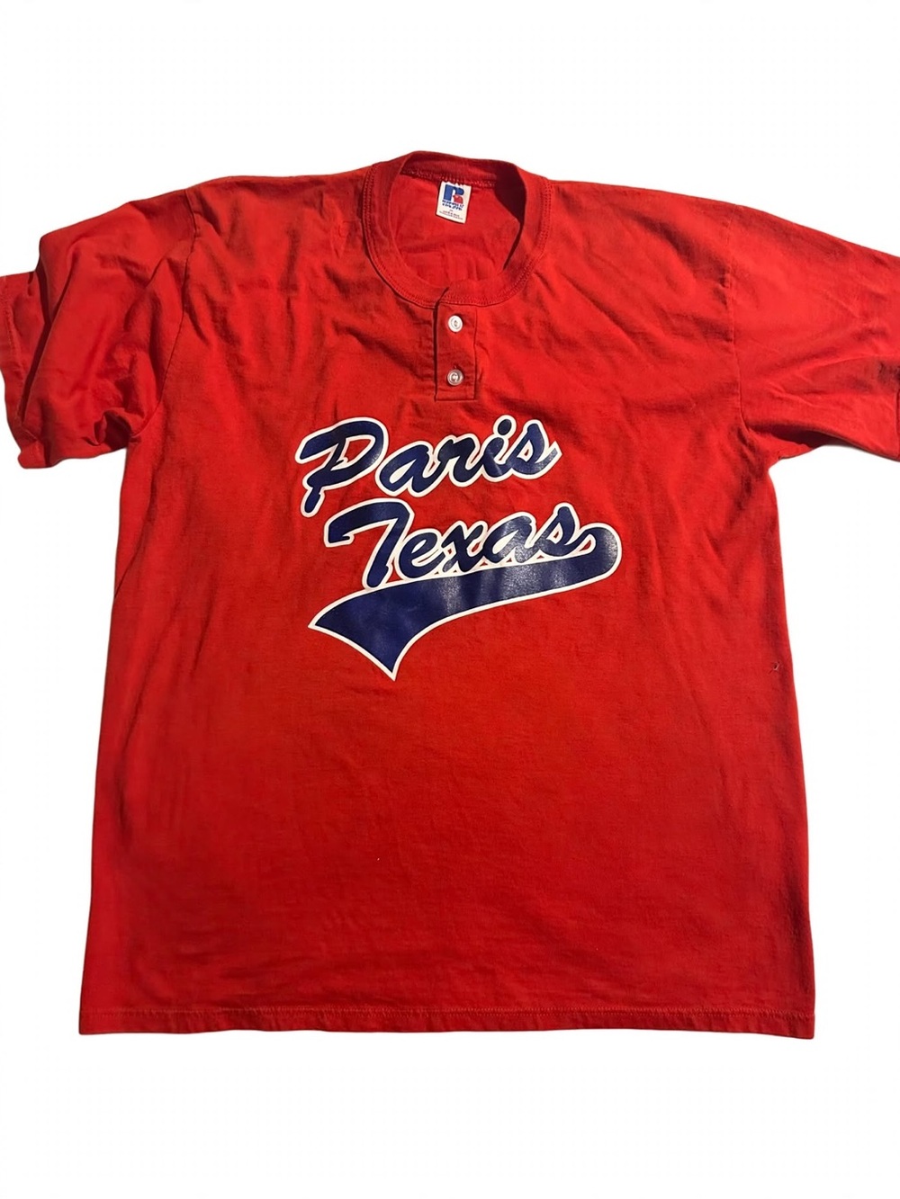 Russell Athletic Red Henley Tee with Navy Paris Texas Script
